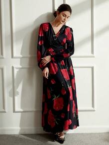 Aveloria EMERY ROSE Vestido de manga larga con cuello en V vintage, volantes en la cintura, manga abullonada y estampado aleatorio, para el Día de San Valentín, primavera y verano, para fiestas y vacaciones - Multicolor - Ver 4