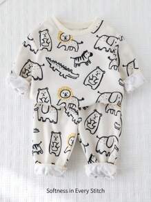 Cozy Pixies 2 Pcs/Set Toddler Boy Cartoon Animal Print Soft Knitted Drop Shoulder Crew Neck Sweatshirt And Drawstring Pants Set