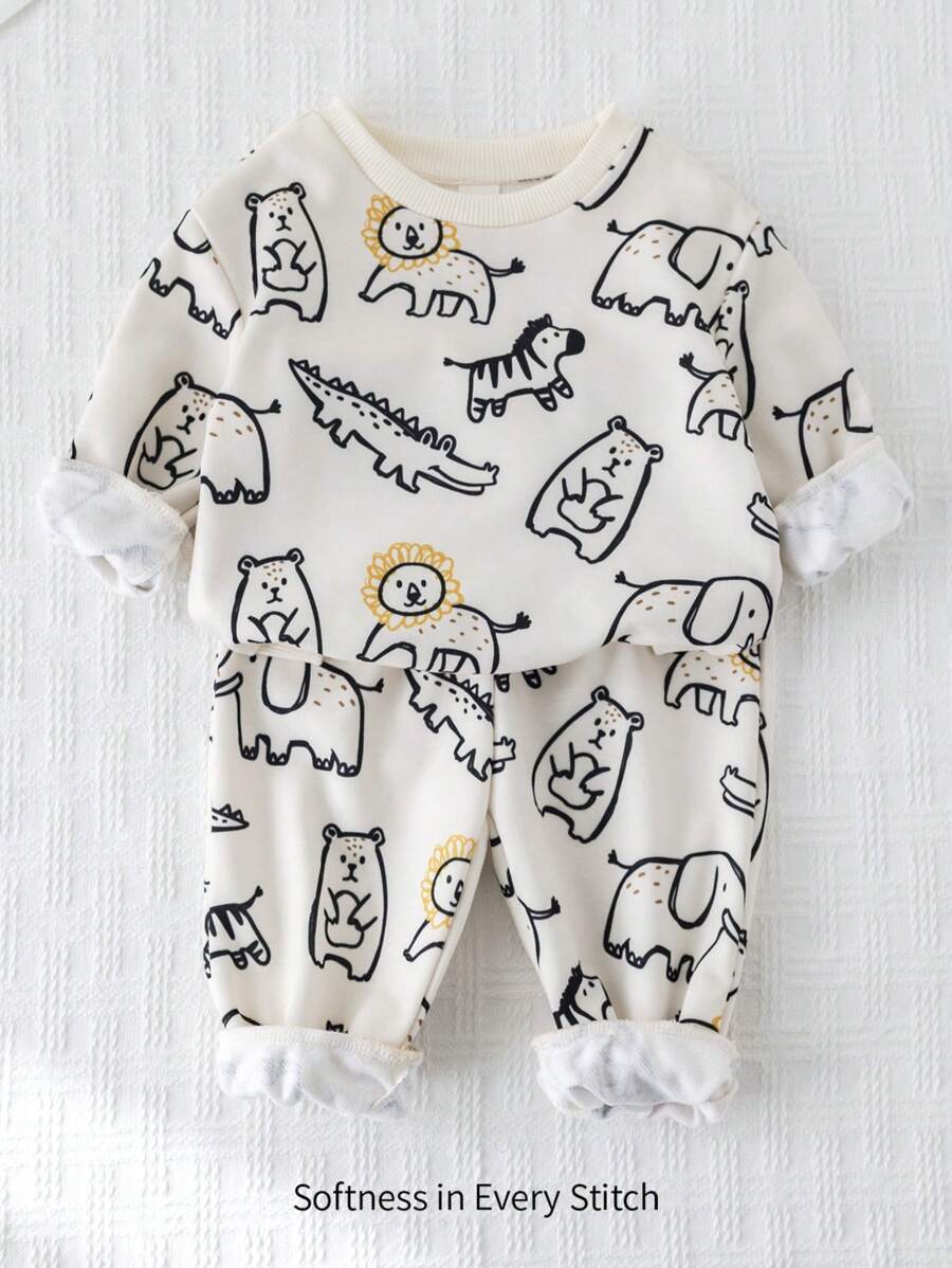 Cozy Pixies 2 Pcs/Set Toddler Boy Cartoon Animal Print Soft Knitted Drop Shoulder Crew Neck Sweatshirt And Drawstring Pants Set