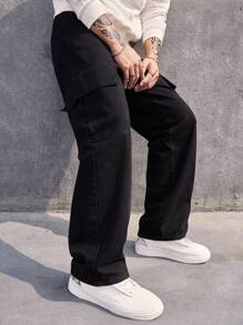 PAVTROS Pantalones de mezclilla de carga holgados con bolsillo con solapa y cordón ajustable para hombres, de algodón - Negro - Ver 7