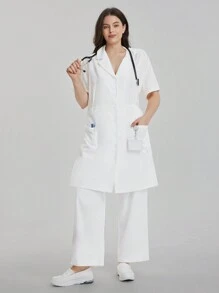 TaskEZ Plus Size Women Solid Color Lapel Short Sleeve Single-Breasted Loose Nurse Dress - White - View 4