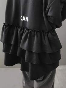 FRIFUL Women's Letter Print Round Neck Drop Shoulder Long Sleeve Ruffle Hem Loose T-Shirt, Autumn,Fall Women Clothes - Black - View 6