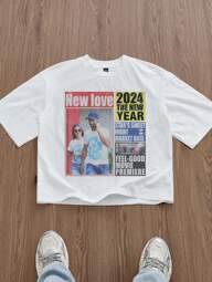 SWAVVY Standard Size Men's Short White Boxy Newspaper Graphic T-Shirt, Summer