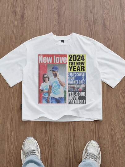 SWAVVY Standard Size Men's Short White Boxy Newspaper Graphic T-Shirt, Summer