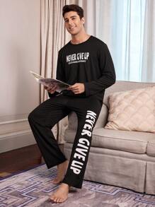 CoupledUp Letter Print Casual Pullover Short Sleeve Pants Men's Pajama Set - Black - View 2