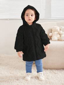 Babygirl 长袖纹理毛绒连帽运动衫夹克，适合外出、聚会等场合，秋冬季 - 黑色 - 查看 4