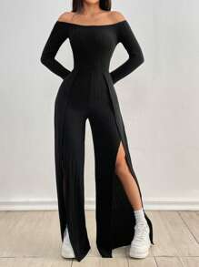 SHEIN Unity Black Off Shoulder Long Sleeve Straight Jumpsuit With Front High Slit, Fleeced Ribbed Fabric, Fashionable Casual Plain Style For Women In Autumn - Black - View 3
