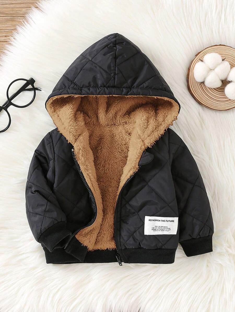 SHEIN 新生男婴/女婴可爱字母贴片毛绒衬里拉链连帽绗缝夹克，厚保暖衬里，适合秋冬季 - 藏蓝色 - 查看 1