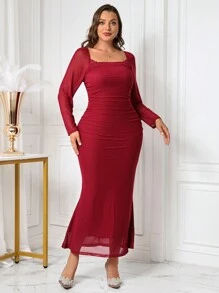 SHEIN Clasi Plus Size Women Square Neck Long Sleeve Mermaid Hem Slim Fit Elegant Dress - Burgundy - View 6