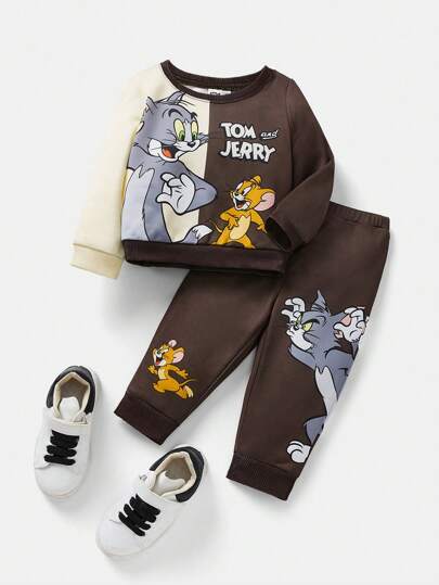 TOM & JERRY X SHEIN 男婴 2 件套卡通猫和老鼠印花撞色运动衫和裤子，适合秋冬季