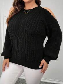 Celure Plus Size Women Solid Color Sexy Open Shoulder Vintage Cable Knit Sweater, Autumn/Winter