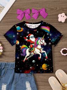 SHEIN 圣诞老人、独角兽、太空星印花“Merry And Bright”卫衣、圣诞卫衣、少女休闲简约圆领短袖T恤、适合夏季 - 彩色 - 查看 2