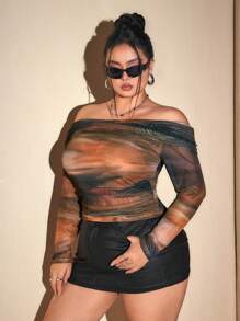 SHEIN ICON 大码女式露肩褶皱扎染印花针织上衣 - 彩色 - 查看 4