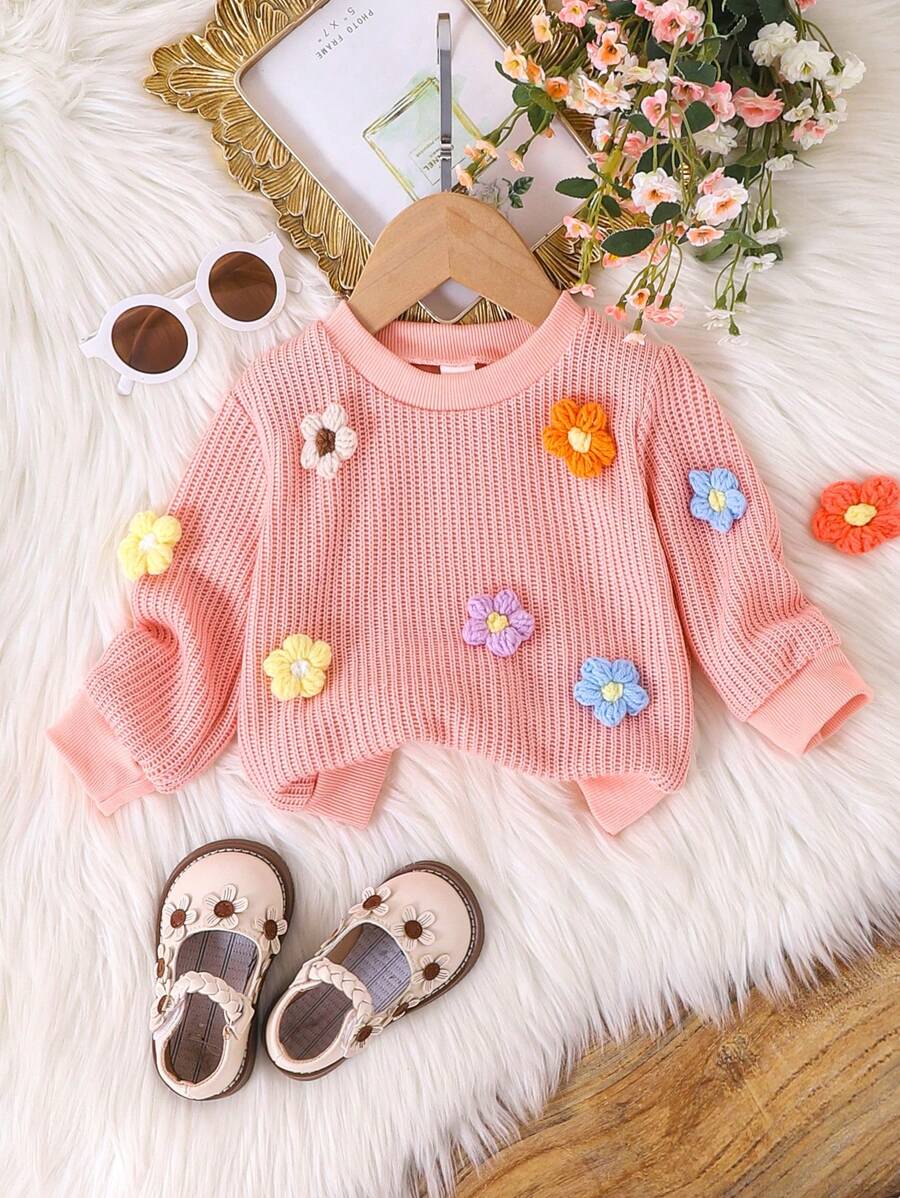 Áo len dệt kim cho bé gái mới, cổ tròn phong cách Hàn Quốc, mùa thu/đông - Hồng - Xem 1