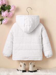 SHEIN 年轻女孩字母拉链前口袋连帽休闲棉服外套，冬季 - 白色 - 查看 2