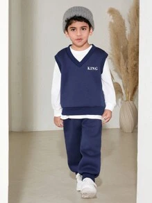 SHEIN 3pcs/Set Young Boy Fashion Outfit With Long Sleeve Sweatshirt,Letter Printed V-Neck Vest & Matching Pants,Autumn,Career Day,Back-To-School Essentials - Multicolor - View 6