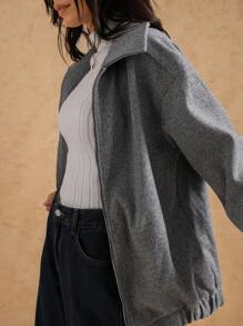 TrendSteals 女式纯色长袖拉链休闲宽松夹克，秋冬 - 灰色 - 查看 5
