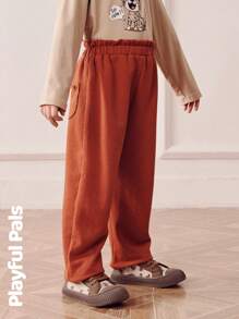 SHEIN 1 件装少女运动裤，基本款，可爱/复古/休闲/居家/外出，秋冬季 - 棕色 - 查看 3