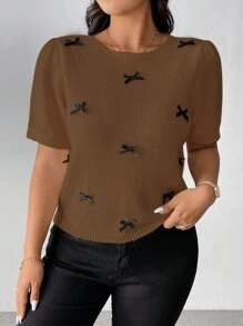 Flirla Simple & Sweet Casual 3D Bow Decor Crew Neck Knit Sweater, Plus Size