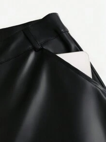 Sweetra Bộ 2 món/Bộ đồ liền thân dài tay trễ vai và quần da PU thường ngày - màu đen - Xem 3