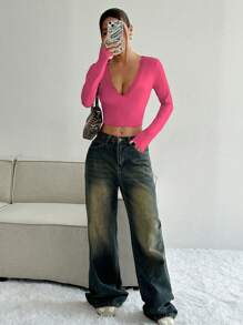 SHEIN Unity Women Lace Patchwork Long Sleeve Ruffle Trim Casual T-Shirt For Spring - Hot Pink - View 6