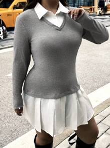 Flirla Plus Size Women Minimalist Knit Mixed Fabric Gray Pleated Dress, Versatile College Style - Grey - View 4