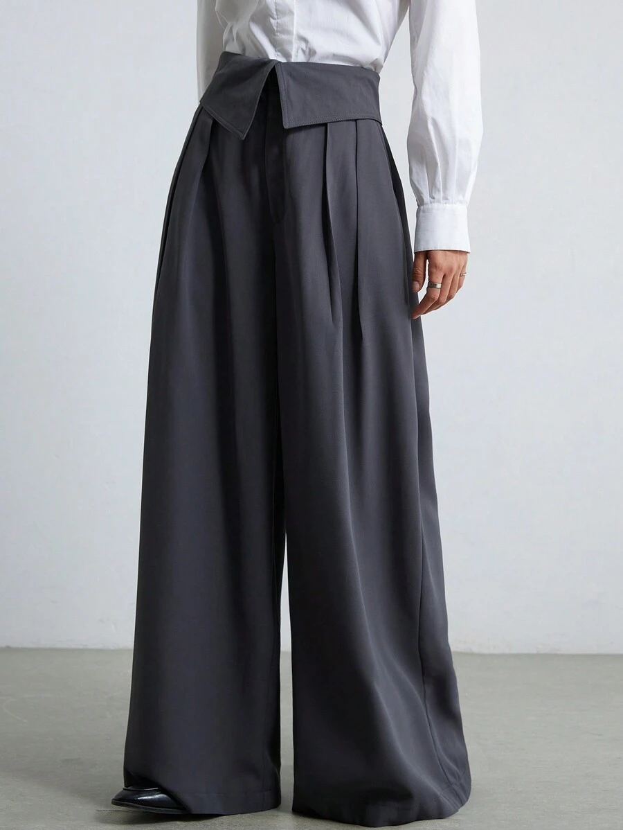 GENKIRA Fashionable High-End Commuting Folding Waist Design Loose Wide-Leg Pants  Fall Cloth For Women - Grey - View 1