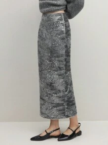 BizChic Sequin Fashionable Skirt, Grey Color Backsllit Hem Party Skirt, Office Wear For Women, Spring/Summer, Suitable For Christmas Party, Holiday, Thanksgiving
