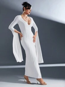 Hauture Robe midi à manches longues drapée avec décolleté en V profond et fente latérale, Robe de fête de Noël blanche - Blanc - Voir 4