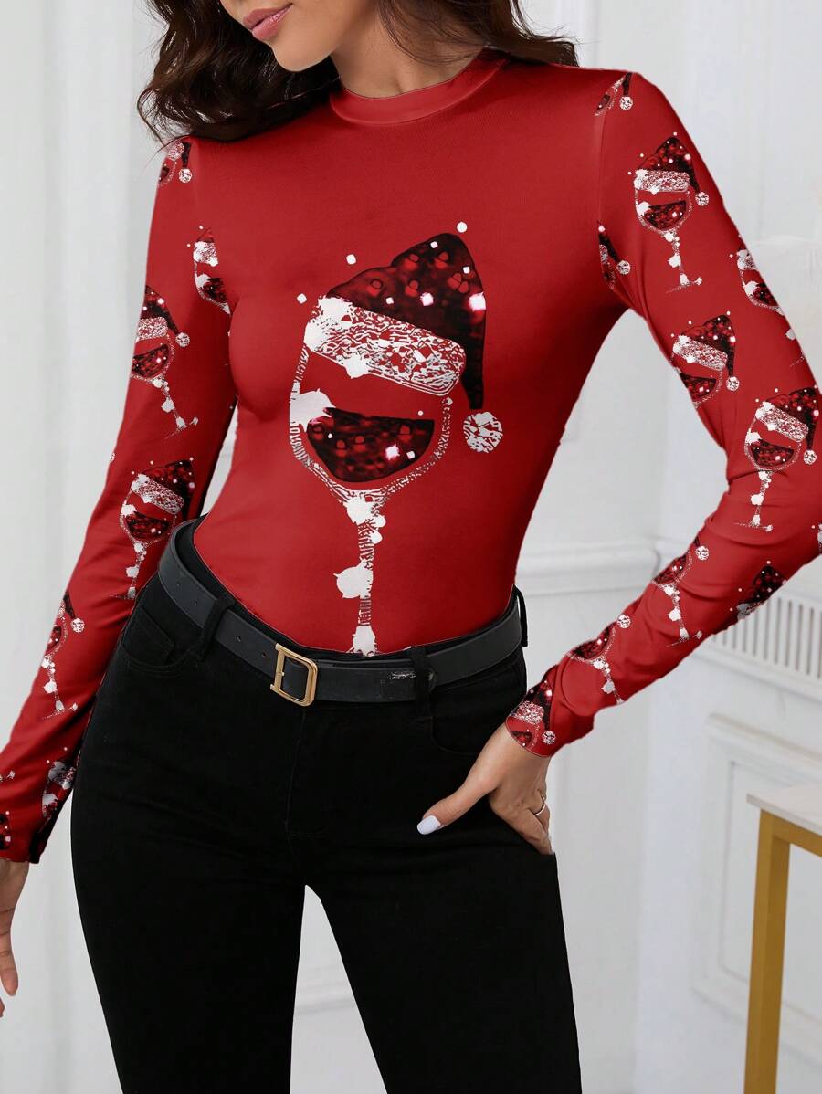 SHEIN Clasi Świąteczna, swobodna czapka Mikołaja i wzór kieliszka do wina, dopasowana koszulka z długim rękawem, góra odpowiednia na jesień/zimę