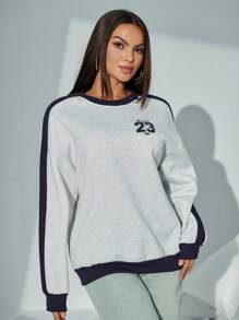 SHEIN SXY 女士休闲灰色卫衣，蓝色数字图案，撞色滚边加厚卫衣，秋冬宽松服装 - 淺灰色 - 查看 3