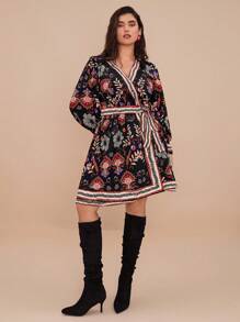 SHEIN VCAY Plus Size Front Tie Long Sleeve Printed Casual Mini Dress - Multicolor - View 7