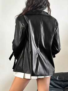 SHEIN ICON Y2K 女款纯色简约长袖 PU 皮夹克，休闲日常穿搭袖带装饰，前卫实用外出上衣皮夹克 - 黑色 - 查看 2