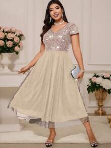 SHEIN Belle Plus Size Women's Sequined Mesh Insert Cap Sleeve Bodycon Dress Maxi Women Outfit