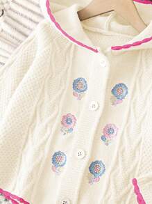 SHEIN Girls Floral Embroidered Hooded Cardigan, Vintage Country Style Knit Jacket