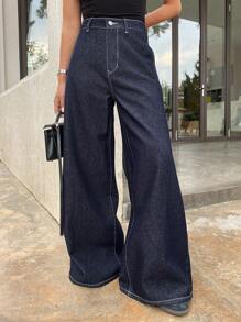 DAZY Quần Jeans Ống Rộng Màu Trơn Rộng Có Túi Cho Nữ - Màu xanh lam - Xem 1