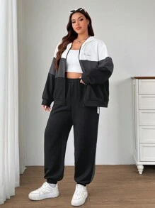 SHEIN EZwear Bộ 2 món/Bộ đồ thể thao thường ngày in khẩu hiệu màu tương phản cỡ lớn, áo khoác nỉ + quần dài, bộ đồ thể thao, mùa thu/đông - Xám - Xem 6