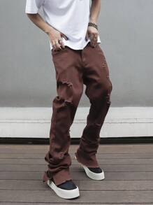 Manfinity EMRG Plus Size Men's Pocket Distressed Straight Leg Casual Jeans - Coffee Brown - View 5