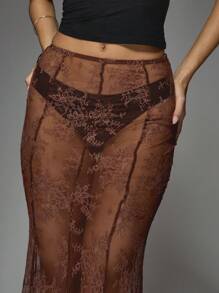 MISSGUIDED 透明蕾丝拼接鱼尾下摆长裙 - 咖啡棕 - 查看 3