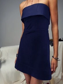 TypaGal Holiday Party Velvet Contrast Satin Fold Over Bandeau A Line Mini Dress, Elegant Cocktail Semi Formal Prom Dress, For Birthday, Wedding Guest, Graduation, Dinner, Homecoming New Year Eve For New Year Holiday Party Clothes Party New Years Dress Women,Valentines Outfit - Royal Blue - View 7