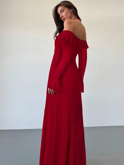 Aloruh Modern Style Black Long Sleeve Ruffle Mesh Long Dress For Women