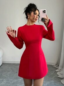 Selianne 女士高腰修身长袖A字圣诞派对连衣裙，酒红色女装 - 酒紅色 - 查看 1