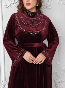Al Najma Plus Size Velvet Rhinestones Arabian Dress For Autumn/Winter - Burgundy - View 1