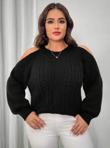 Celure Plus Size Women Solid Color Sexy Open Shoulder Vintage Cable Knit Sweater, Autumn/Winter