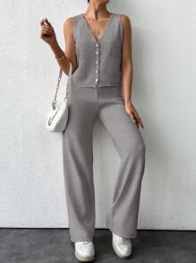 EURMUSE 2pcs/Set Women Single Breasted Knit Vest & Sweater Pants Casual Outfit Set, Autumn/Winter