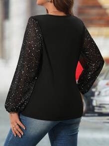 SHEIN LUNE Áo cánh tay dài đính sequin cổ tròn cỡ lớn thời trang cho nữ, mùa thu - màu đen - Xem 2