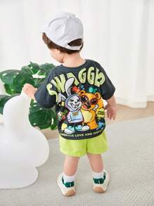 SHEIN Baby Jungen 2-teiliges Outfit: Cartoon-Tierdruck Pullover mit Dropped-Shoulder und Shorts mit Gummibund, geeignet für Lässig Sport, Zuhause, Ausflüge und Fotoshootings, Frühling/Sommer - Grün - Übersicht 4