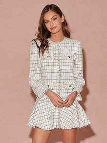 Enchnt Autumn/Winter Romantic Women's White Plaid Sweet Cute Elegant High Waist Patchwork Tassel Hem Tweed Mini Skirt,Fashionable Outfits For Thanksgiving&Christmas Party&Everyday Date&Daily Commuting&Office Wear