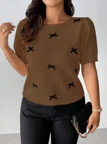 Flirla Simple & Sweet Casual 3D Bow Decor Crew Neck Knit Sweater, Plus Size