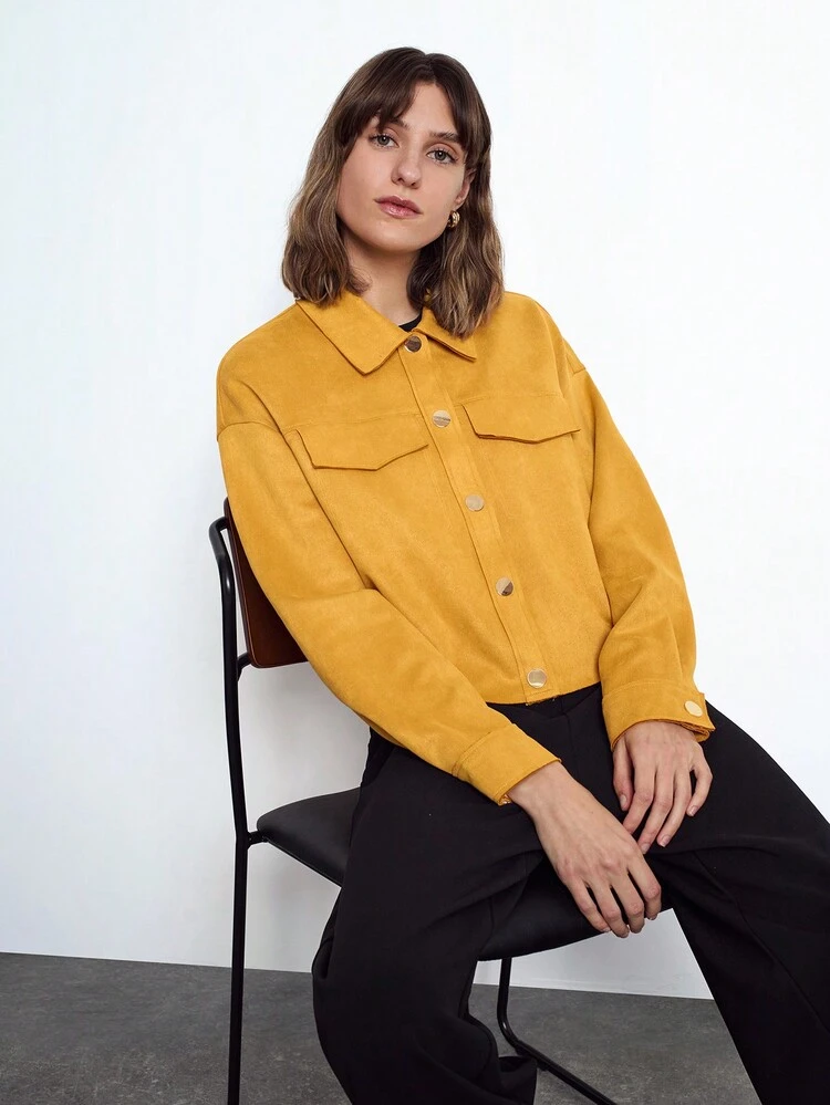 SHEIN Maija Women's Fashionable Suede Lapel Long Sleeve Pockets Button-Front Jacket Coat, Versatile, Autumn/Winter